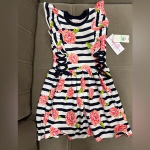 Bonnie Jean Navy and White Striped Dress with Pink Floral Accents